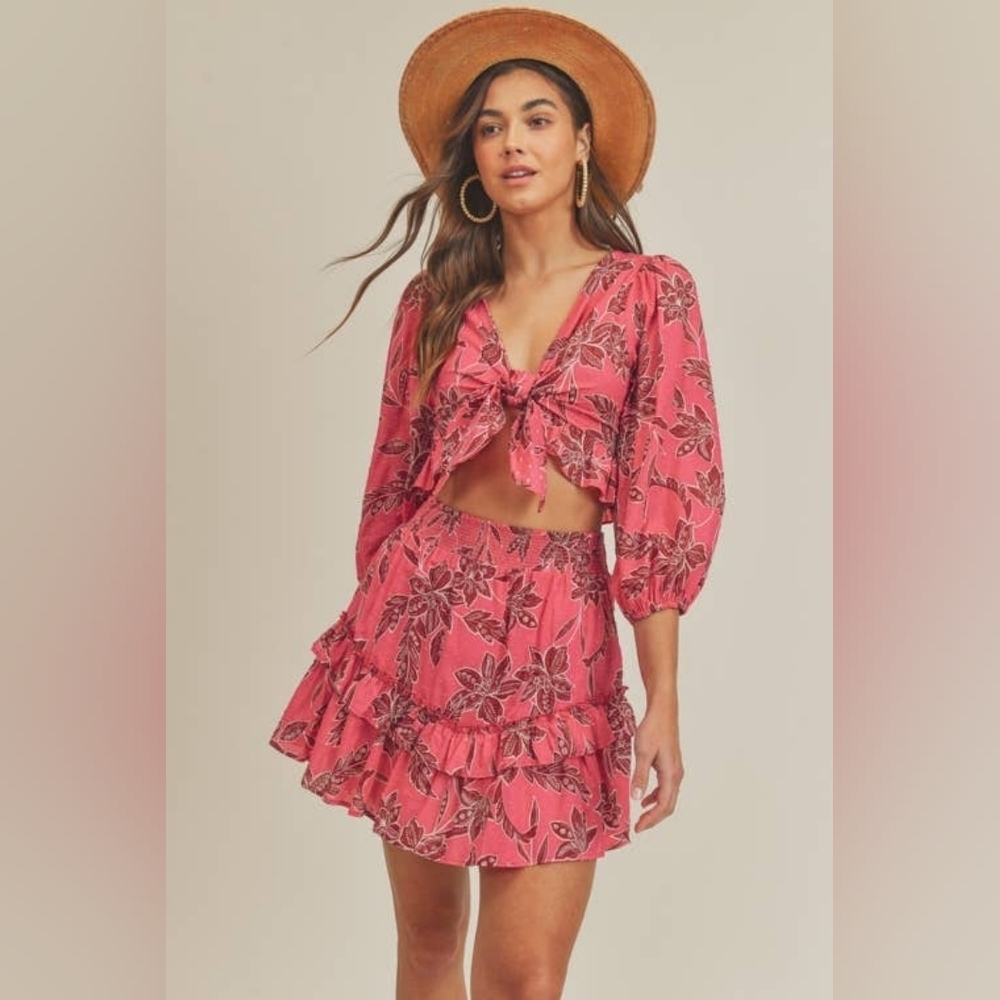 Lush | NWT Bright Pink Cotton Tie Front Top And Mini Skirt Set Size Medium